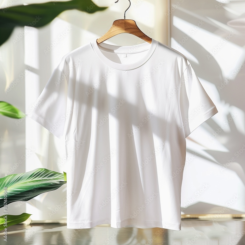 white t shirt on a hanger, A plain white T-shirt hanging on a wooden hanger in a bright indoor store, commercial promotion, blank shirt white t shirt on a hanger, A plain white T-shirt hanging on a wooden hanger in a bright indoor store, commercial promotion, blank shirt