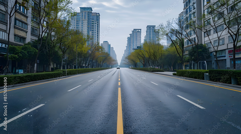Empty asphalt road through Hangzhou business district Empty asphalt road through Hangzhou business district