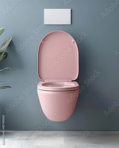 3D rendering of a toilet with the lid open and a white poster on the wall, with a pastel grey and pink color scheme in a minimalistic style