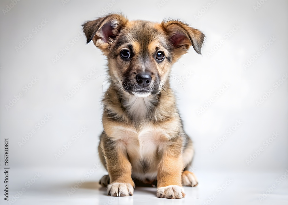 An Adorable Puppy Sits On A White Background Looking Up At The Camera With Big, Curious Eyes. An Adorable Puppy Sits On A White Background Looking Up At The Camera With Big, Curious Eyes.