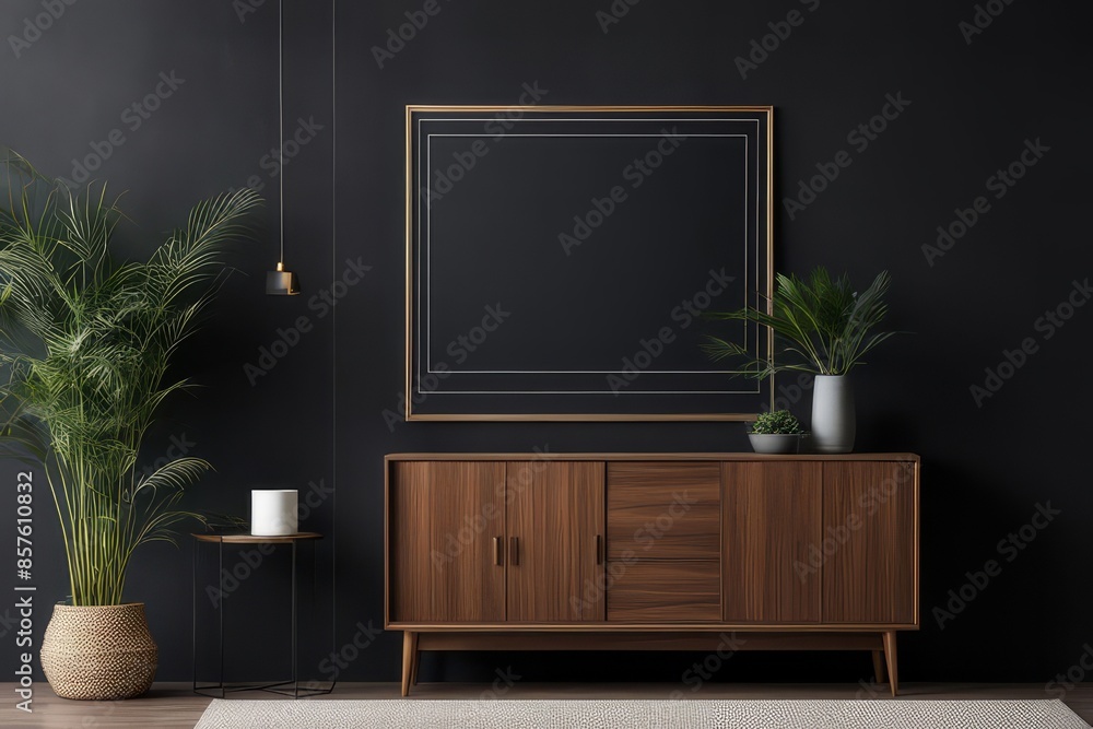 Wall art mockups. Frames for art on a black wall. Gallery in dark colors. 
