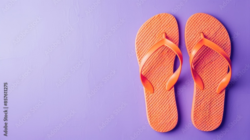 Bright coral flip flops on purple backdrop Top down view space for text Chic Summer Holiday Scene Ladies trendy summer shoes Bright coral flip flops on purple backdrop Top down view space for text Chic Summer Holiday Scene Ladies trendy summer shoes