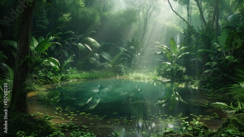 Sunbeams Through Jungle Canopy, Illuminating a Tranquil Pond