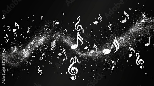 White musical notes seem to dance against a dark background, creating an elegant and striking contrast that embodies motion and musical harmony. photo