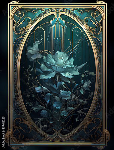 A tarot card in the style of Art Nouveau, featuring an ornate frame with a blue and green floral design