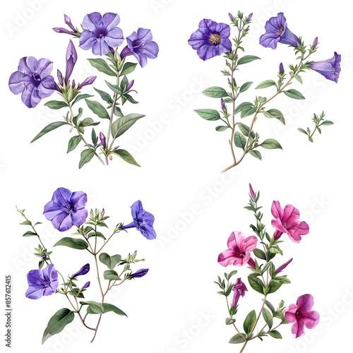 Collection of Ruellia brittoniana (Mexican Petunia) Watercolor illustration On White Background