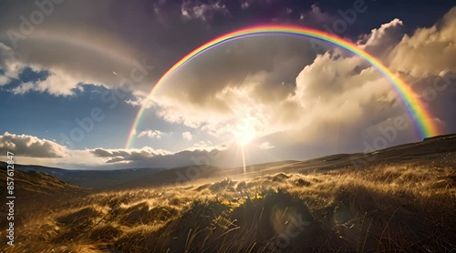 a rainbow in the sky over a grassy field