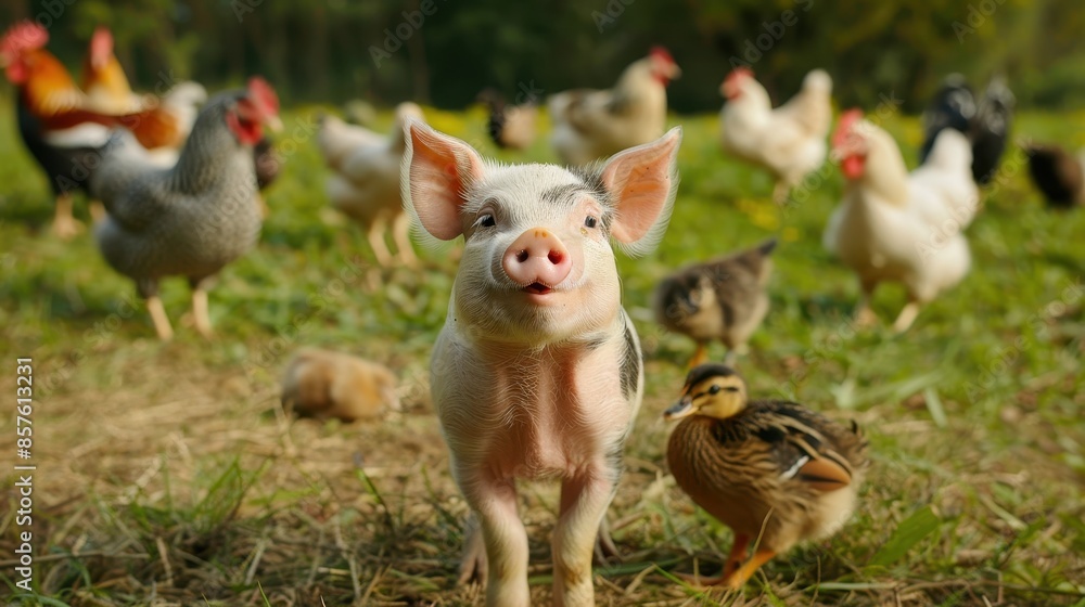 Piglet stands in farmyard with chickens and ducks Piglet stands in farmyard with chickens and ducks