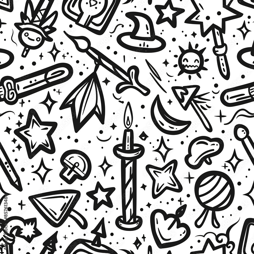 Fantasy-Themed Doodle Seamless Pattern in Black and White Fantasy-Themed Doodle Seamless Pattern in Black and White