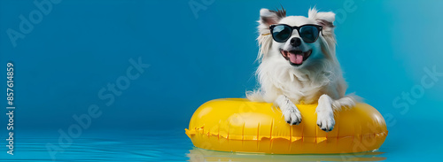 A dog wearing sunglasses floats on a yellow inflatable ring in a blue pool.