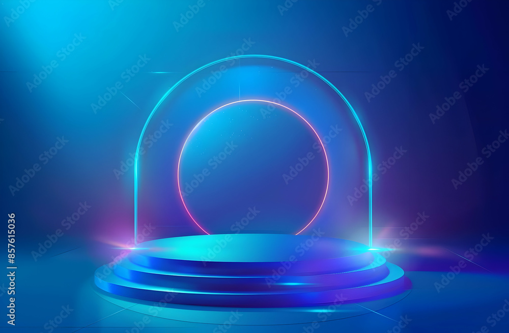 Abstract futuristic podium with neon lights on a blue background. Perfect for product displays or presentations. Abstract futuristic podium with neon lights on a blue background. Perfect for product displays or presentations.