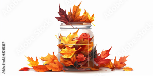 A cartoon illustration of autumn leaves in a jar, fungi, hyperdetailed sublimation clipart isolated on a white background