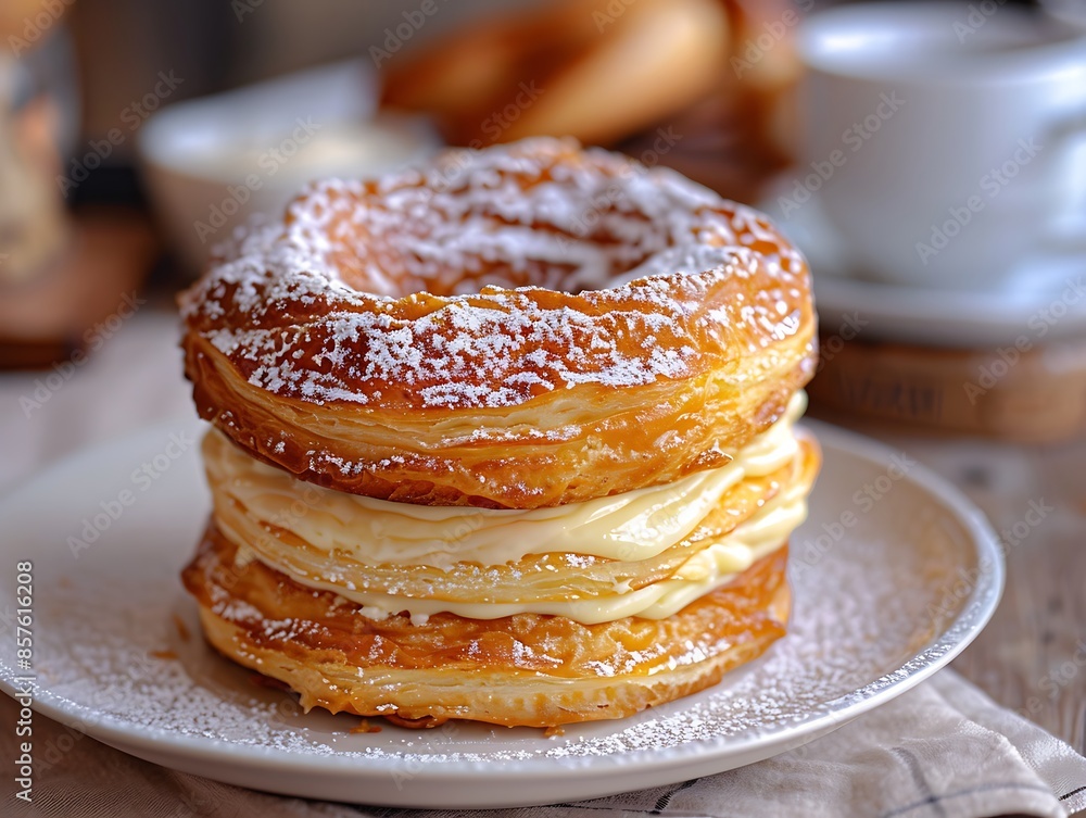 A close-up of a perfectly glazed cronut with layers of flaky pastry and creamy filling, presented on a stylish white plate with a light dusting of powdered sugar and a background A close-up of a perfectly glazed cronut with layers of flaky pastry and creamy filling, presented on a stylish white plate with a light dusting of powdered sugar and a background