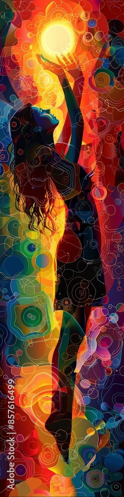 Fototapeta premium A young woman reaching for the light of the sun in an abstract colorful illustration. 