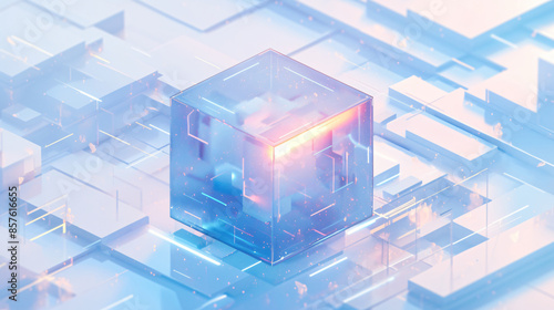 Abstract geometric cube with glowing light on a white background with copy space text for technology, design, and futuristic.