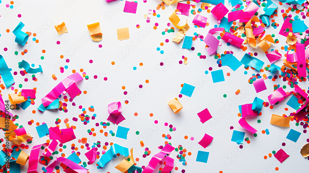Fototapeta premium Colorful confetti on a white background with copy space text for celebration, party, and birthday.