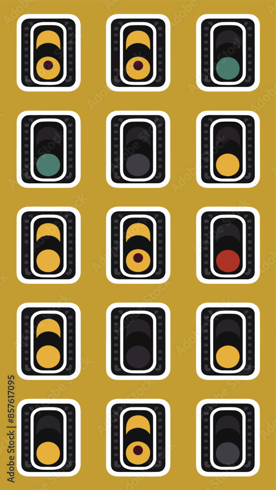 A repeated pattern of traffic lights showing various signals on a yellow background, creating a visually striking and thematic design. A repeated pattern of traffic lights showing various signals on a yellow background, creating a visually striking and thematic design.