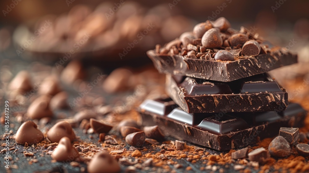 Close Up of Dark Chocolate Bar and Chocolate Chips Close Up of Dark Chocolate Bar and Chocolate Chips