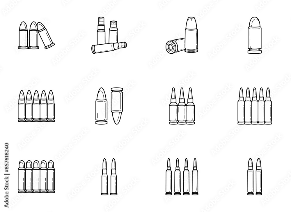 set of weapon ammunition. firearm bullet line art vector icon isolated on white background