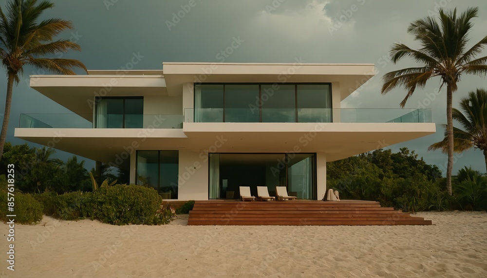 Fototapeta premium Modern beach villa struck by lightning, storm, thunder, danger, beach house, villa, architecture, modern,