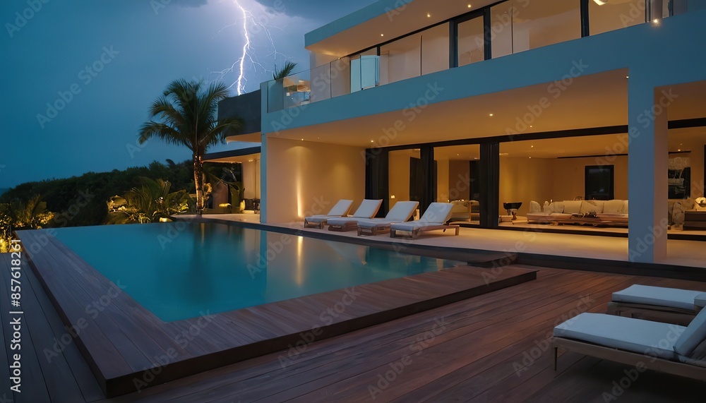 Fototapeta premium Modern beach villa struck by lightning, storm, thunder, danger, beach house, villa, architecture, modern,