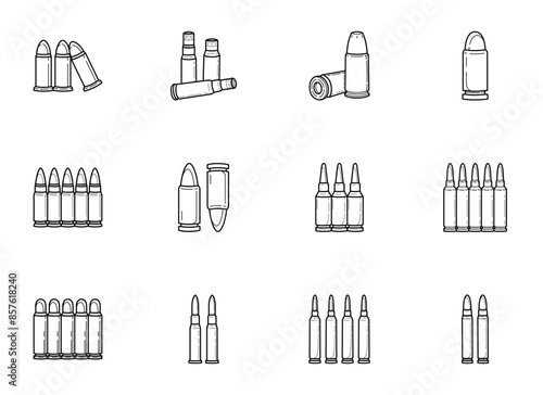 set of weapon ammunition. firearm bullet line art vector icon isolated on white background