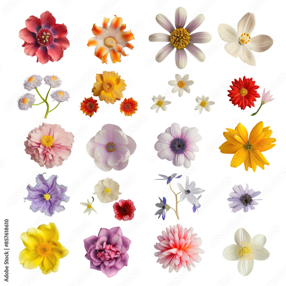 Top down view of a diverse collection of vibrant flowers on a transparent background, with a shallow depth of field. Top down view of a diverse collection of vibrant flowers on a transparent background, with a shallow depth of field.