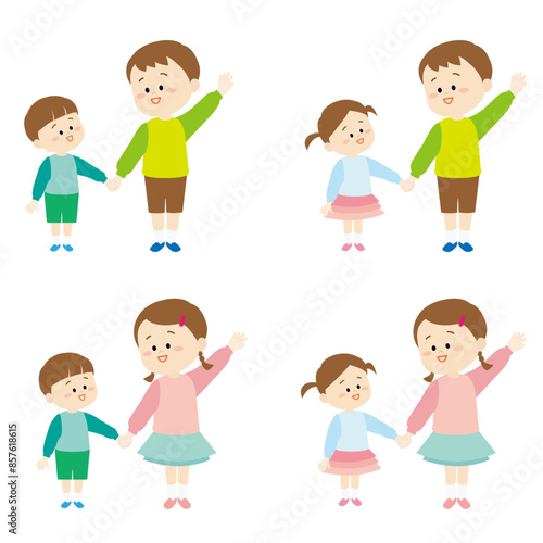 兄弟に横断のお手本をしている子供のイラスト