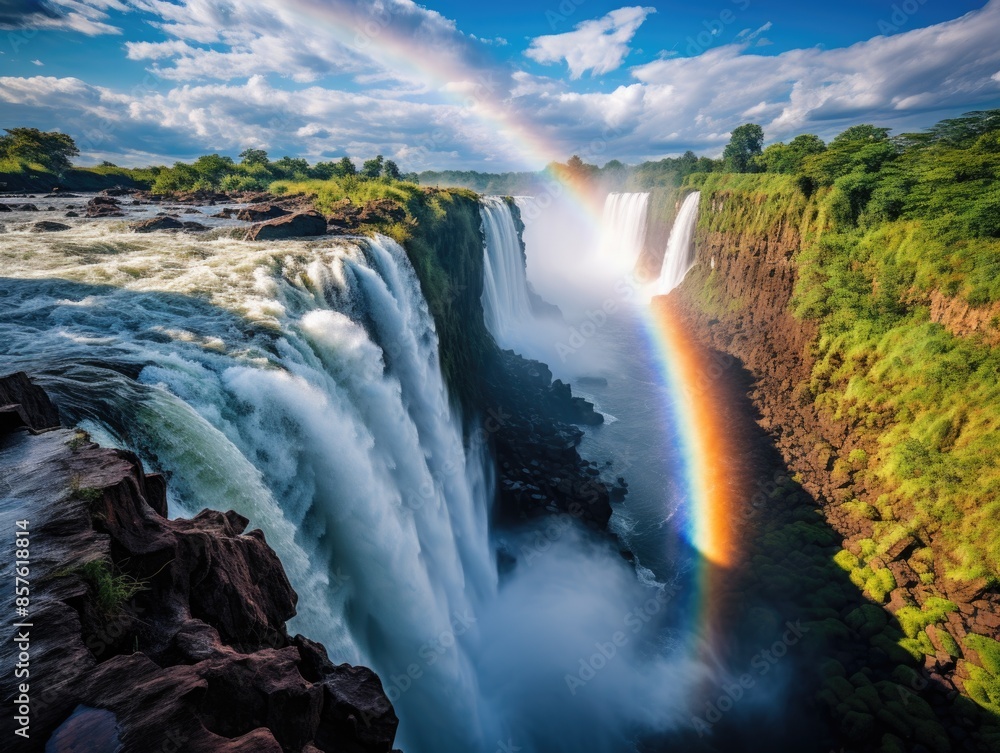 Fototapeta premium The stunning waterfalls of Iguazu Falls, straddling the border between Brazil and Argentina, with rainbows forming in the mist. 
