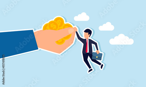  High risk high return metaphor, concept of A businessman investor tightly grips a big handful of money coins