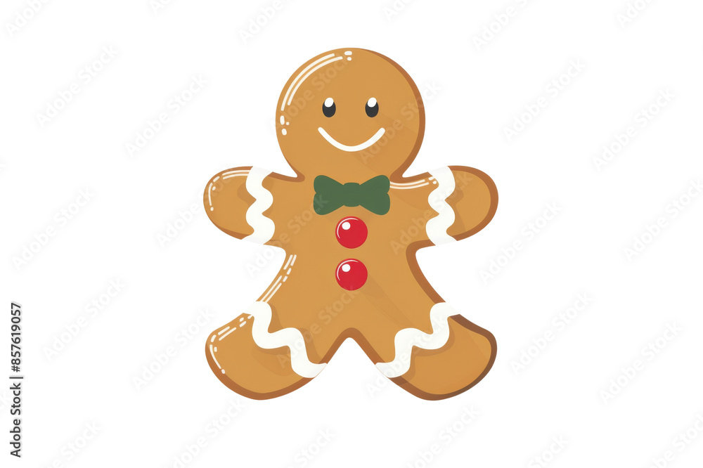 Obraz premium Cute gingerbread man cookie with icing, red buttons, and a green bow tie, perfect for holiday decorations and festive baking themes. Isolated on transparent background.