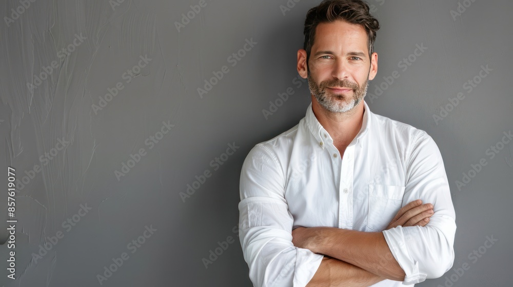 Man in white shirt crossing arms on gray background Man in white shirt crossing arms on gray background