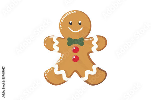 Cute gingerbread man cookie with icing, red buttons, and a green bow tie, perfect for holiday decorations and festive baking themes. Isolated on transparent background.