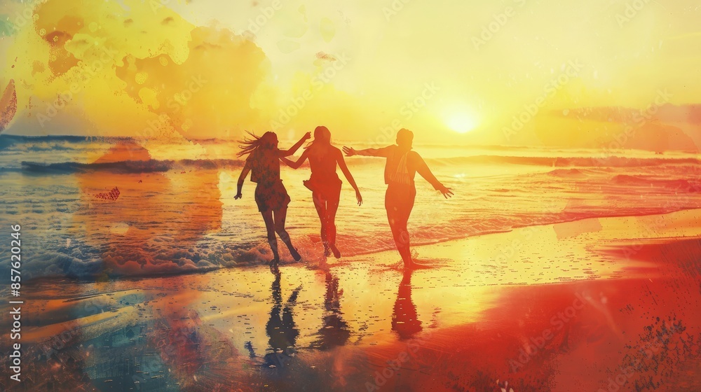 Fototapeta premium Three people are running on the beach at sunset. Scene is joyful and carefree