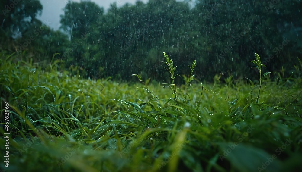 Raindrops fall on asphalt and green grass
Raindrops fall on asphalt and green grass