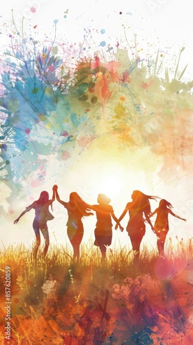 A group of women are running in a field with a bright sun in the background. Concept of freedom and joy as the women enjoy their time together