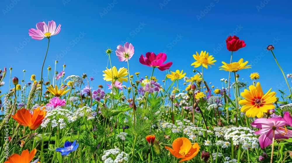 A field of flowers with a blue sky in the background A field of flowers with a blue sky in the background