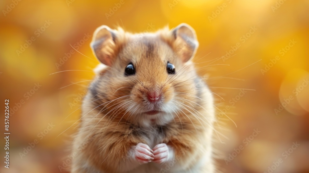 A Curious Hamster Posing Against a Blurred Golden Background A Curious Hamster Posing Against a Blurred Golden Background