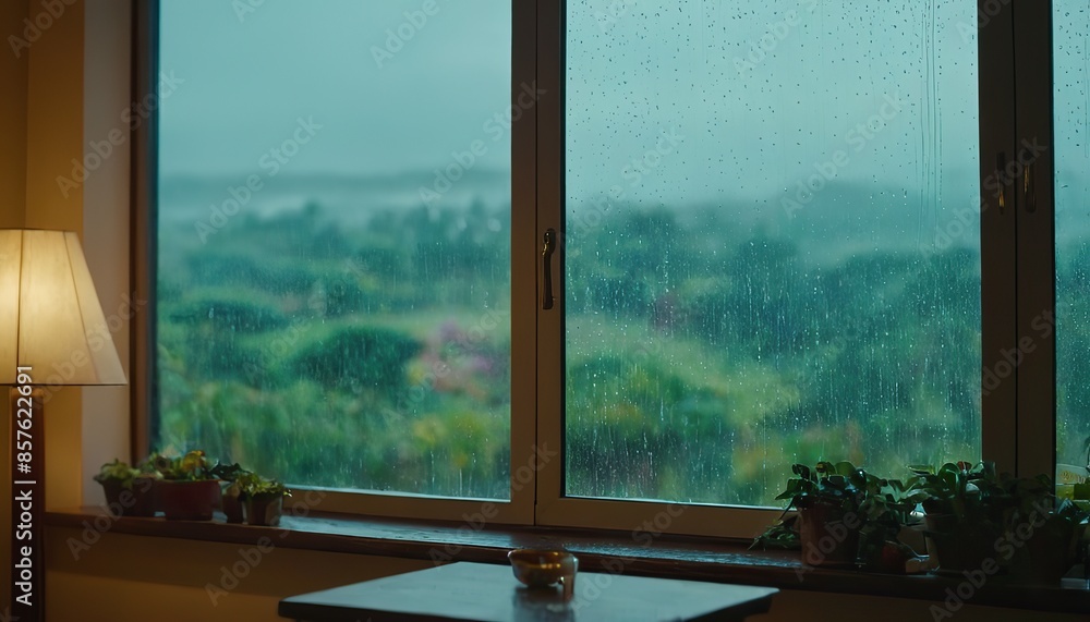 Fototapeta premium Rain drop on glass window with green plant outside home 