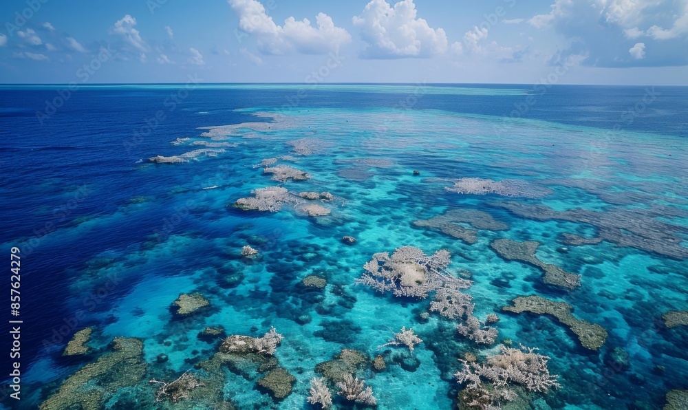 An aerial view of a coral reef suffering from bleaching, with vast areas of white, lifeless corals contrasted against patches of healthy ones An aerial view of a coral reef suffering from bleaching, with vast areas of white, lifeless corals contrasted against patches of healthy ones