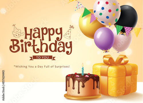 Happy birthday greeting vector design. Birthday invitation card with chocolate cake, yellow gift box. balloons and pennants decoration elements. Vector illustration greeting card design. 

