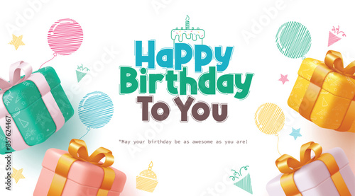 Happy birthday greeting vector background design. Birthday invitation card in simple white background with surprise gift boxes, balloons and party hat doodle elements. Vector illustration greeting 