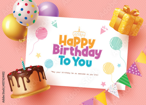 Happy birthday invitation card vector template. Birthday greeting text in white blank paper space with cake, balloons, gift box and pennants decoration elements. Vector illustration invitation card.  