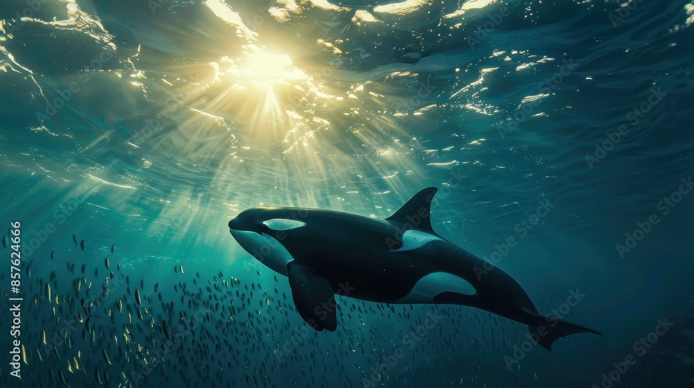 An orca whale swims under the oceans surface with sunlight shining through An orca whale swims under the oceans surface with sunlight shining through