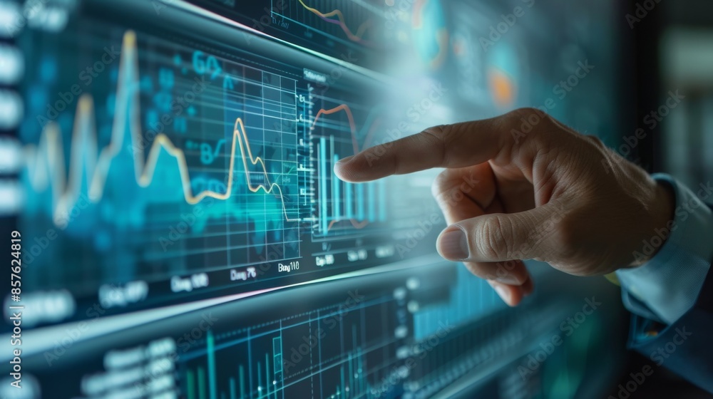 Strategic Insights: Businessman's Hand Pointing at Financial Graph on Digital Screen Strategic Insights: Businessman's Hand Pointing at Financial Graph on Digital Screen
