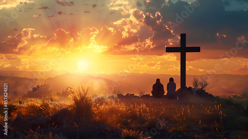 amigos familia viendo el atardecer en las montañas junto a la cruz de Dios de Jesucristo orando y agradeciendo photo