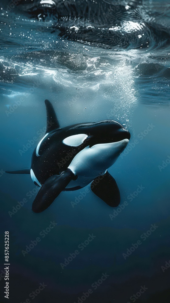 Obraz premium Orca swims through the blue water