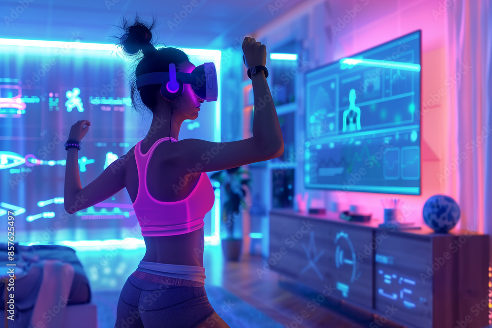 Fototapeta premium Futuristic woman wearing virtual reality Exercise guided by holographic instructors projected on display at modern smart Home 