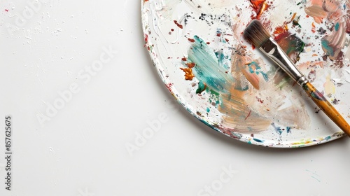 Close up of palette knife paintbrush and plate on white background