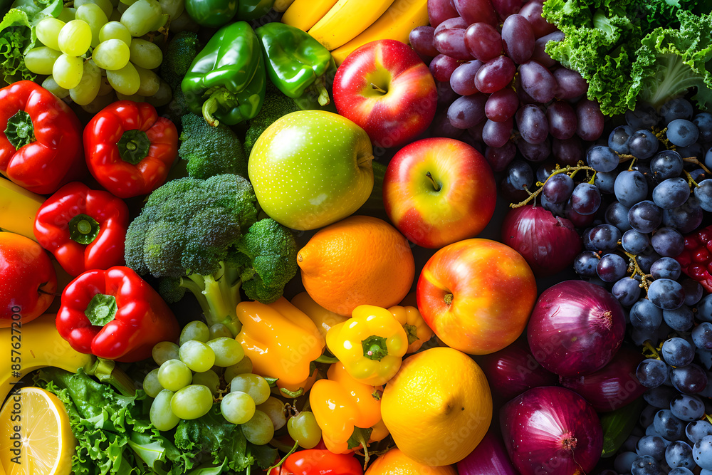 A vibrant, colorful image of a balanced meal, a variety of fruits and vegetables. Highlight the freshness and variety of healthy food options A vibrant, colorful image of a balanced meal, a variety of fruits and vegetables. Highlight the freshness and variety of healthy food options